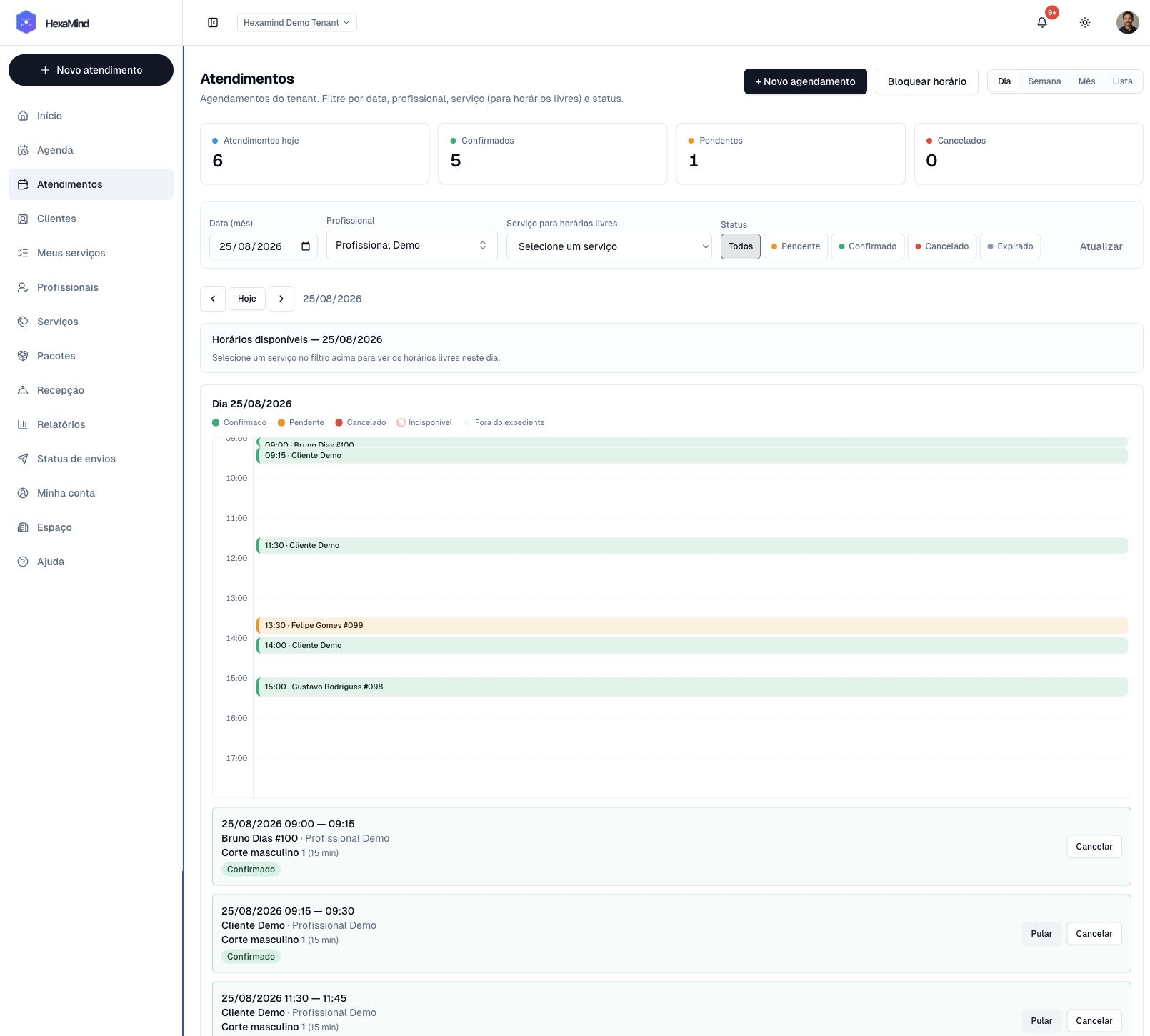 Tela real de Atendimentos da Hexa Mind com filtros, status e navegação por dia.
