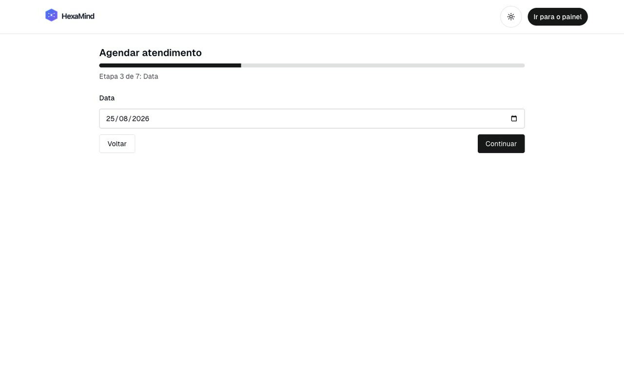 Tela real do agendamento público na etapa de escolha da data.