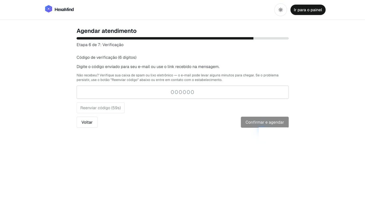 Tela real do agendamento público para verificação do cliente por e-mail.