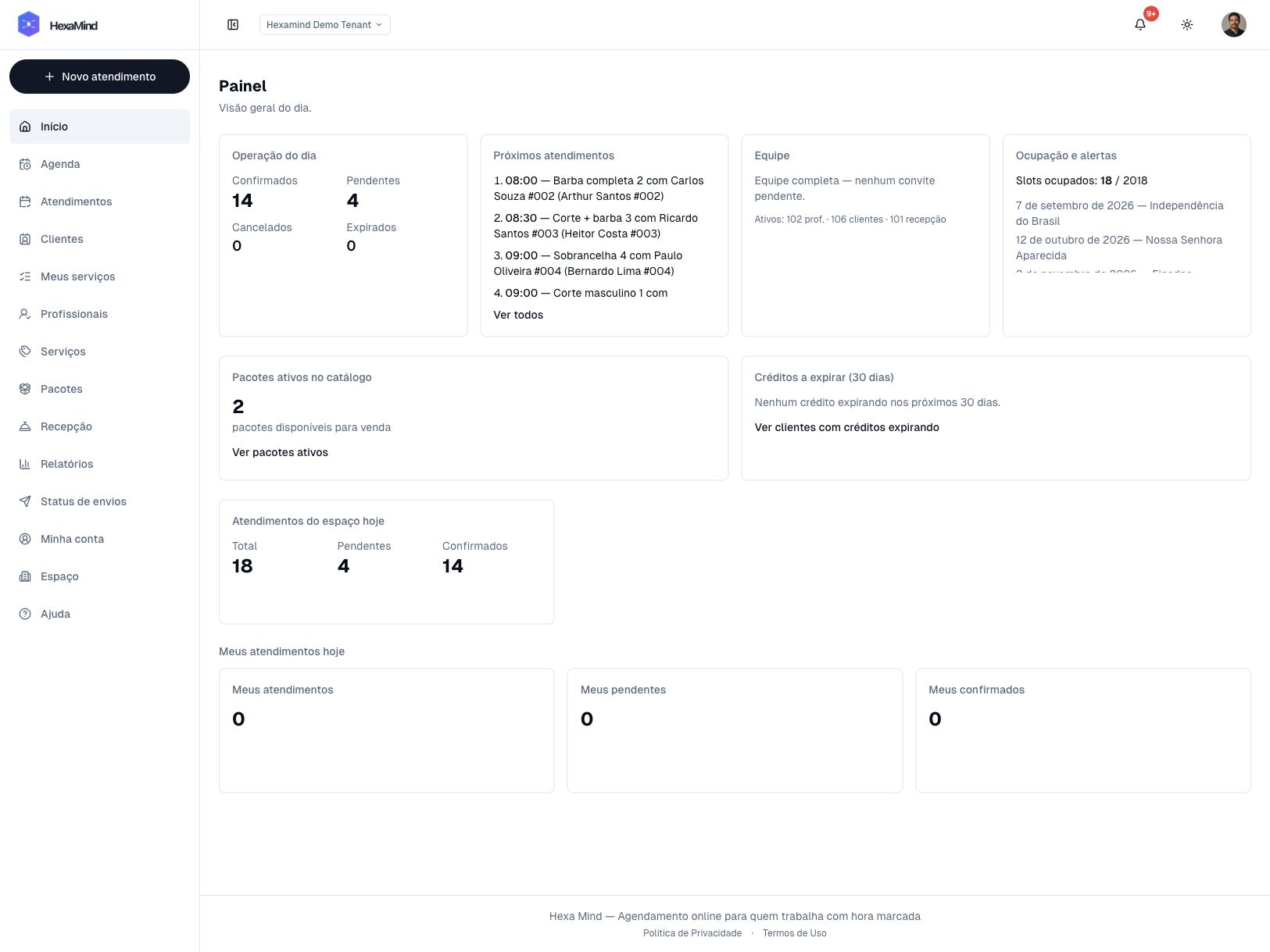 Tela real do painel da Hexa Mind com próximos atendimentos, equipe e ocupação.